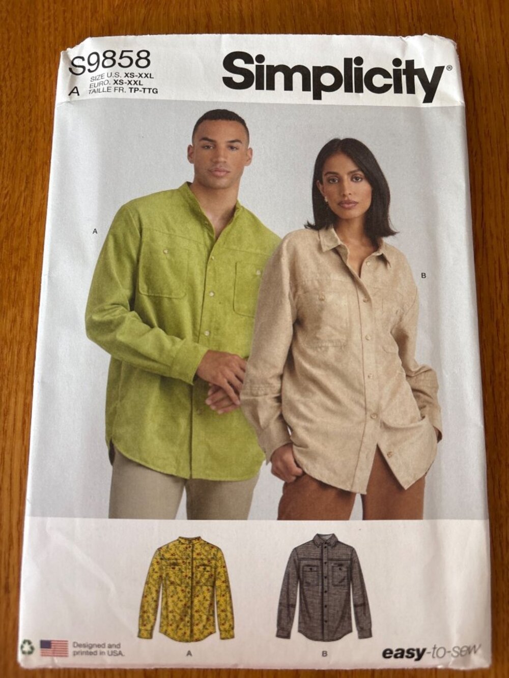 Simplicity S9858 Unisex Shirt Sewing Pattern Size XS-S-M-L-XL-XXL Retro Uncut